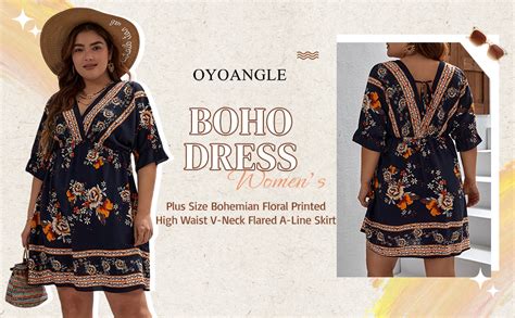 Oyoangle Women S Plus Size Boho Floral Print High Waist V Neck Flared A