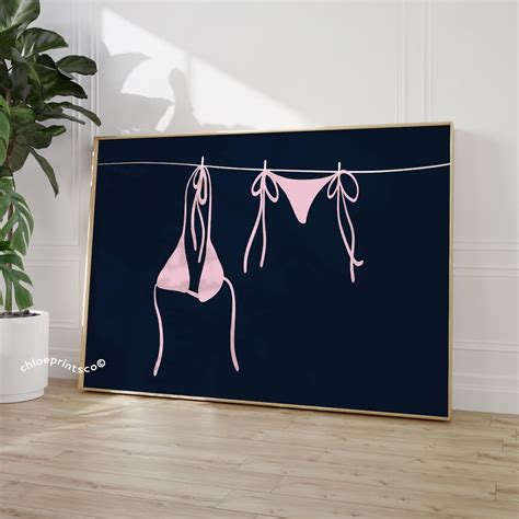 Dopaprint UNFRAMED PAPER POSTER Bikini On Clothesline Print Pink And Navy Apartment Decor