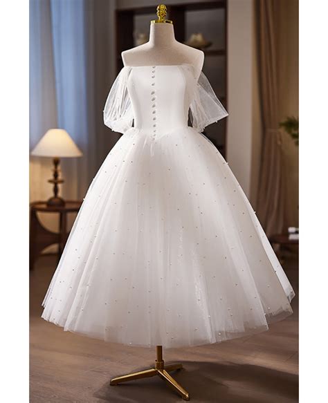 Off Shoulder Puffy Tea Length Tulle Wedding Dress With Beadings G