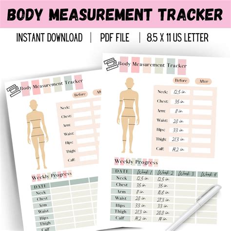 Body Measurement Tracker Printable Body Measurement Chart Weight Loss