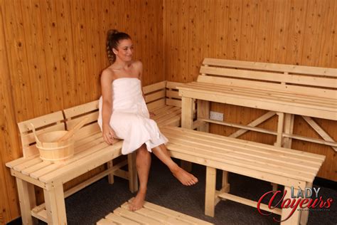 Peach Domina Shows Her Naked Body While A Man Jerks Off In A Sauna CoedCherry