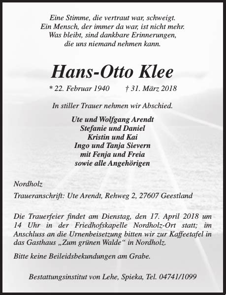 Hans Otto Klee Gedenken Nordsee Zeitung