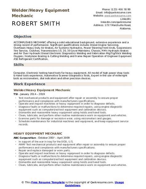 Heavy Equipment Mechanic Resume Samples | QwikResume