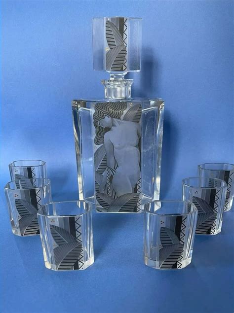 Bohemian Crystal Liqueur Set With Nude Lady Decanter
