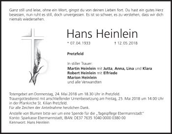 Hans Heinlein Traueranzeige Trauer Infranken De