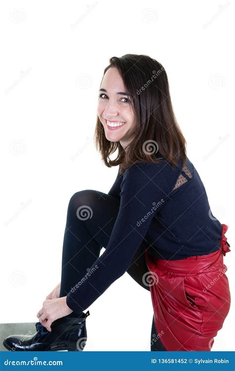 Lifestyle Beautiful Brunette Woman Puts Her Shoes On White Background Stock Photo Image Of