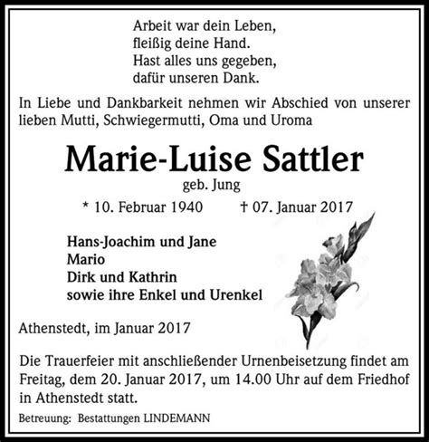 Traueranzeigen Von Marie Luise Sattler Geb Jung Abschied Nehmen De