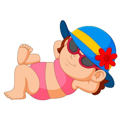 Femme en bikini et chapeau de soleil relaxant à la plage ensoleillée Vecteur Premium