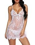 ADOME Women Lingerie Lace Babydoll V Neck Chemise Set Sheer Sleepwear Nightwear Outfits At