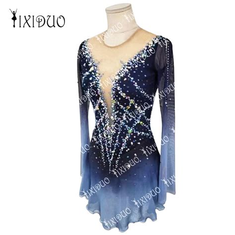 Shiny Professional Ice Figure Skating Dress For Women Girls Dance Costume Blue Gradient Long