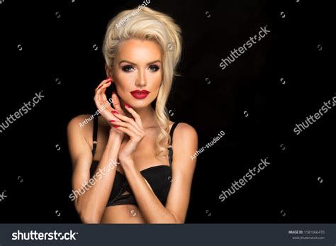 Sexy Blonde Woman Black Lingerie Red Stock Photo 1181066470 Shutterstock