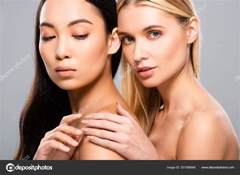Sexy European Blonde Asian Brunette Naked Women Isolated Grey Stock Photo AndrewLozovyi