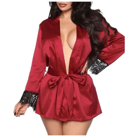 Robe De Chambre Plus Size Sexy Lingerie Pour Femme Soie Stripe Satin Peignoir De Nuit Rouge