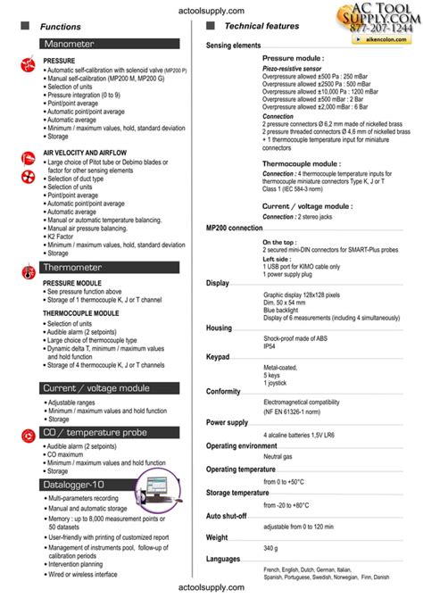 Kimo MP 200 P Thermo Anemometer Datasheet PDF