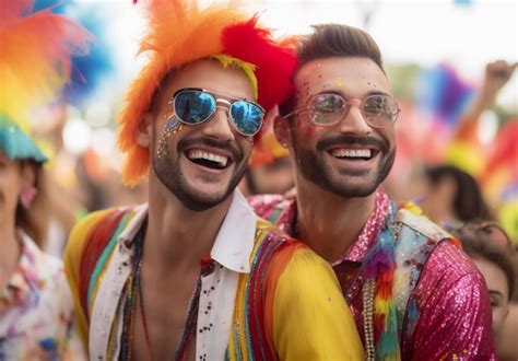 Una Pareja Feliz Bailando En El Desfile Del Orgullo Gay Lgbtq En Sao Paulo Imagen Premium