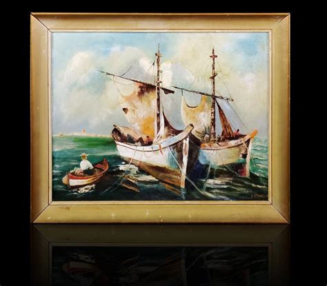 Vintage New England Harbor Ship Painting