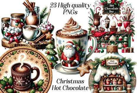 Watercolor Christmas Hot Chocolate Clipart High Quality PNG Files Festive Drink Printable