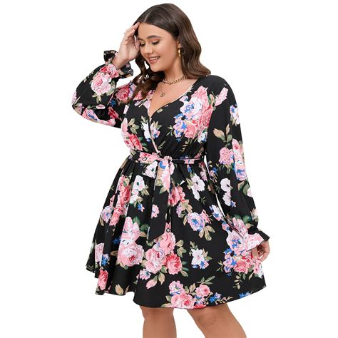 Scomchic Women Casual Plus Size Wrap Dress Floral Print Belt Long