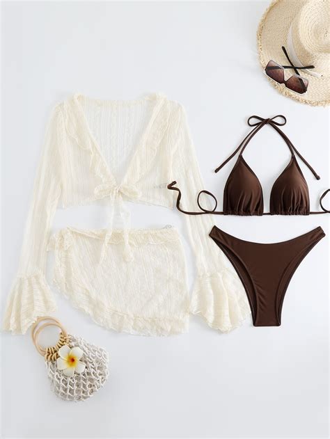 Sexy Pieces Set Swimwear Women Flared Sleeves Brown Bikini Set Female Lace Swimsuit