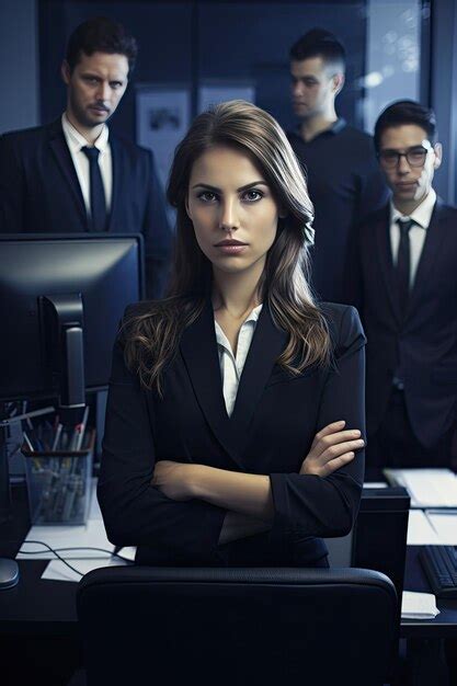 Premium Photo A Woman In A Suit Stands In Front Of A Computer Screen With Her Arms Crossed