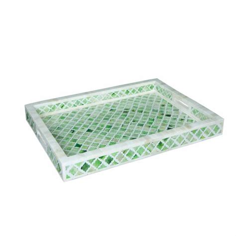 Bone Inlay Rectangle Serving Tray Green Moroccan Pattern X X Cm