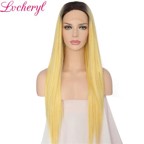 Lvcheryl 2 Tone Hand Tied Black Roots To Yellow Long Straight Synthetic