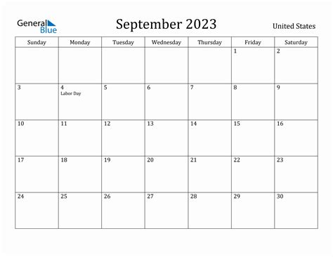 September 2023 Monthly Calendar with United States Holidays