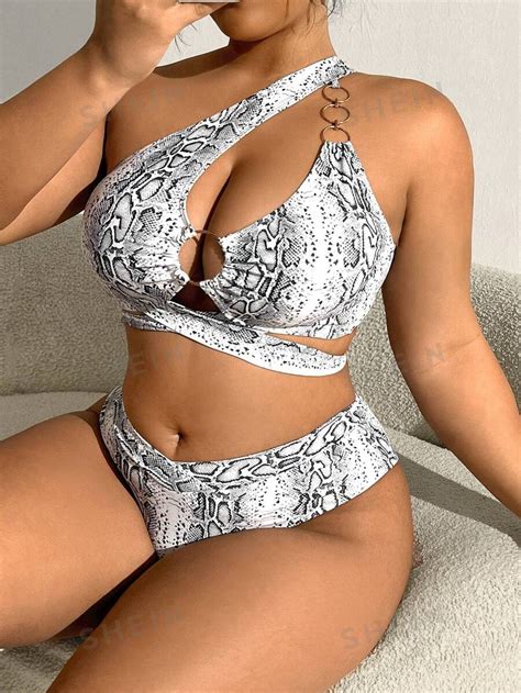SHEIN Swim SXY Conjunto De Bikini De Una Sola Hombrera Con Estampado De