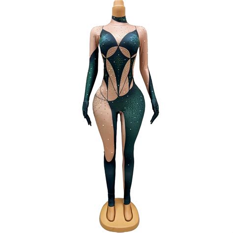 Hot Sale Green Gold Rhinestones Nude Jumpsuit Singer Dancer Stretch Bodysuit Evening Birthday