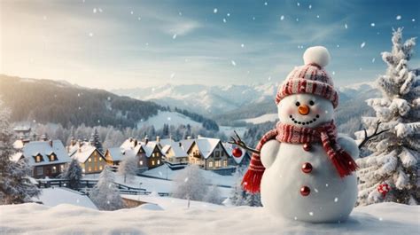 Premium Ai Image Photo Happy Snowman In Red Hat And Scarf In Winter