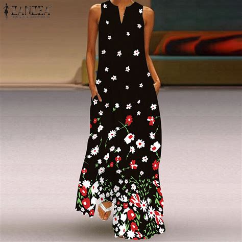 ZANZEA ชุดเดรสยาวลายดอกไม้โบฮีเมียนผู้หญิง,เดรสเสื้อกล้ามชายหาดแขนกุด ...