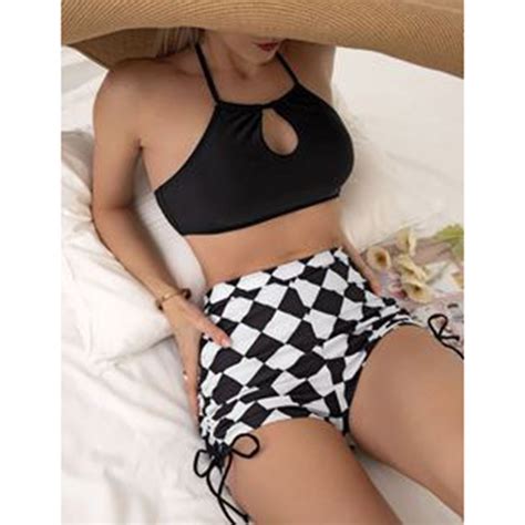 Checkerboard Printed Shorts Sexy Hanging Neck Strap Bikini Two Piece Womens Swimsuit Bikini