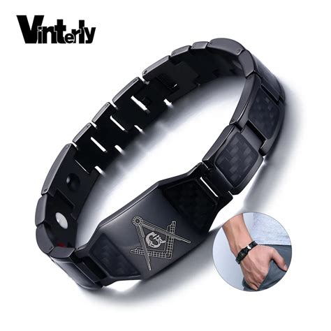 Vinterly Black Magnetic Bracelet Men Stainless Steel Hand Chain Masonic