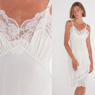 White Slip Dress 70s Lingerie Nightgown Lace Trim Midi Nightie Shop Exile Tucson AZ
