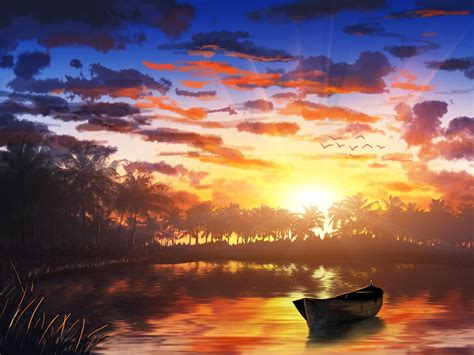 Papier Peint Bateau Coucher De Soleil Palmiers Eau Art Hd Large