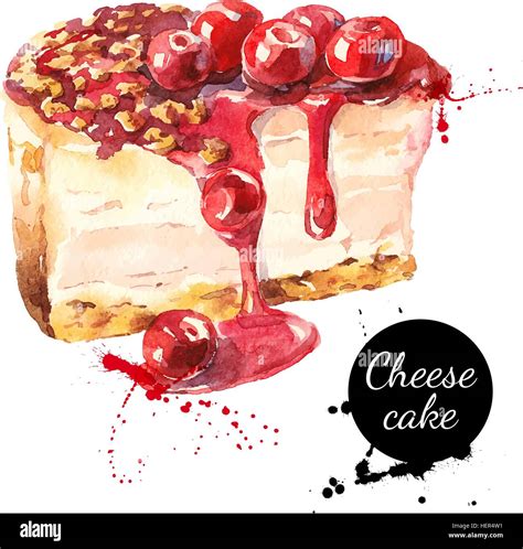 Watercolor Sketch Cherry Cheesecake Dessert Vector Isolated Food