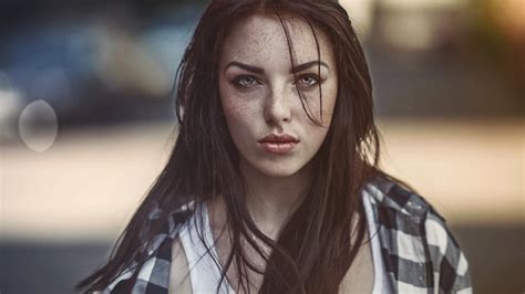 Women Brunette Freckles Blue Eyes Long Hair Hair In Face Looking