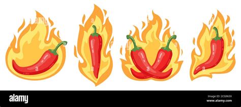 Hot Chilli Peppers Cartoon Spicy Red Chilli Pepper In Fire Flames Red Hot Burning Mexican