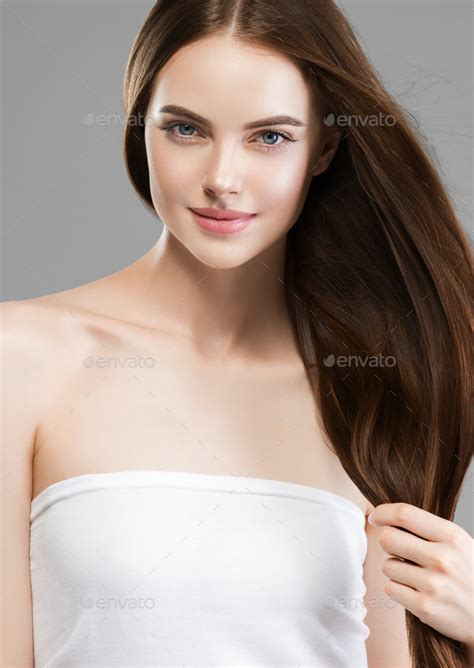 Brunette Smooth Healthy Hair Woman Clean Skin Portrait Stock Photo By Kiraliffe