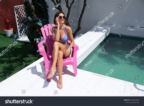 Beautiful Tanned Fit Woman Bikini Backyard Stock Photo 1986449648