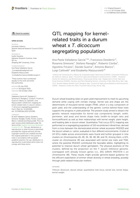 Pdf Qtl Mapping For Kernel Related Traits In A Durum Wheat X T