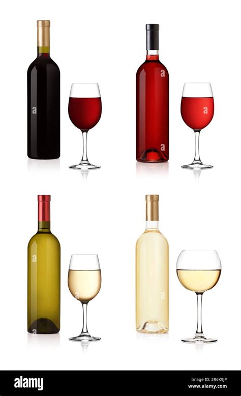 Set Of White Rose And Red Wine Bottles And Glas Isolated On White