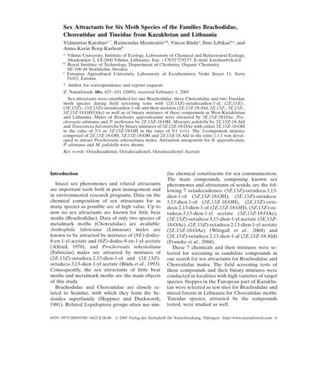 PDF Sex Attractants For Six Moth Species Of The Families Brachodidae Choreutidae And Tineidae