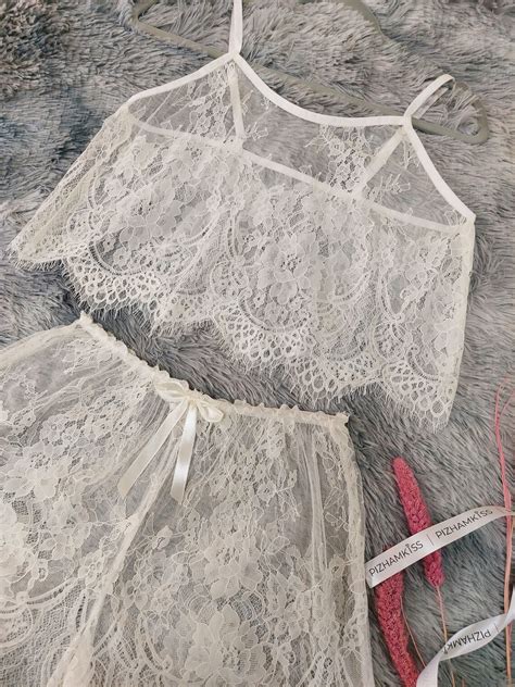 White Sheer Lace Pajama Set Wedding Night Lingerie Etsy