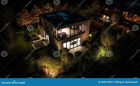 Drone View Of Modern And Elegant House Exterior In Green Forest