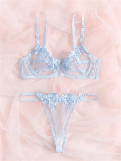 Дамско бельо Baby Blue Embroidered Mesh Underwire Lingerie Set EMMA