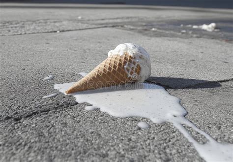 Summer Scene Of A Melted Ice Cream Cone On The Hot Asphalt Of A Road Outdoors Stock Image