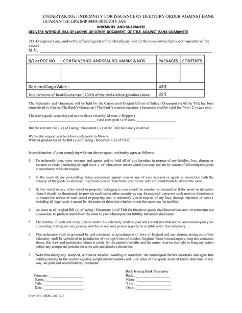 undertaking indemnity  issuance  delivery order  bank