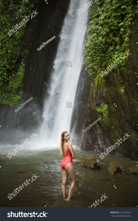 Beautiful Woman Red Bikini Waterfall Stock Photo Edit Now 612722552