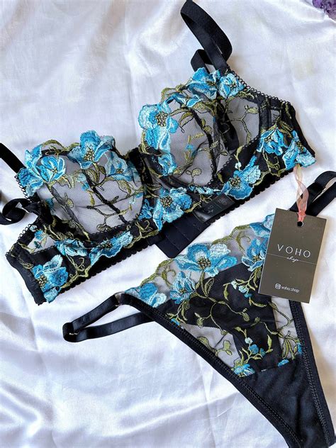 Ethereal Embroidered Lingerie Set Romantic Floral Transparency Lace Flowered Sheer Thong